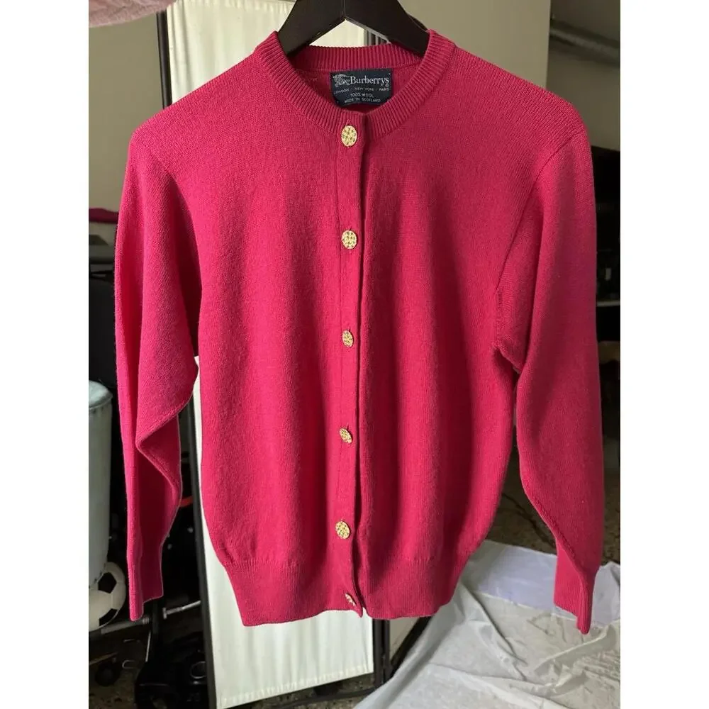 Burberry Sweater Vintage Cardigan 100% Wool Fuchsia Pink Sz Small - Picture 5 of 6